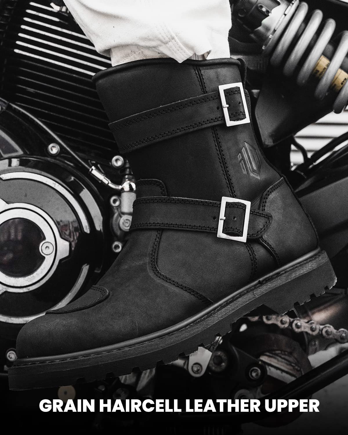 ILM Bota de Moto de Cuero Hombre Mujer Negro con Cremallera Lateral M1005