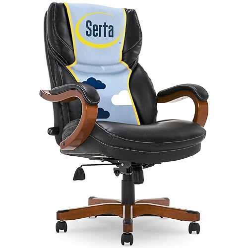 Serta Conway Big & Tall Executive Office Chair, Ergonomic High-Back with Adjustable Lumbar, Semi Plush Cushion and Body Pillows, Padded Armrests, Wooden Swivel Base, Bonded Leather, Black - Black