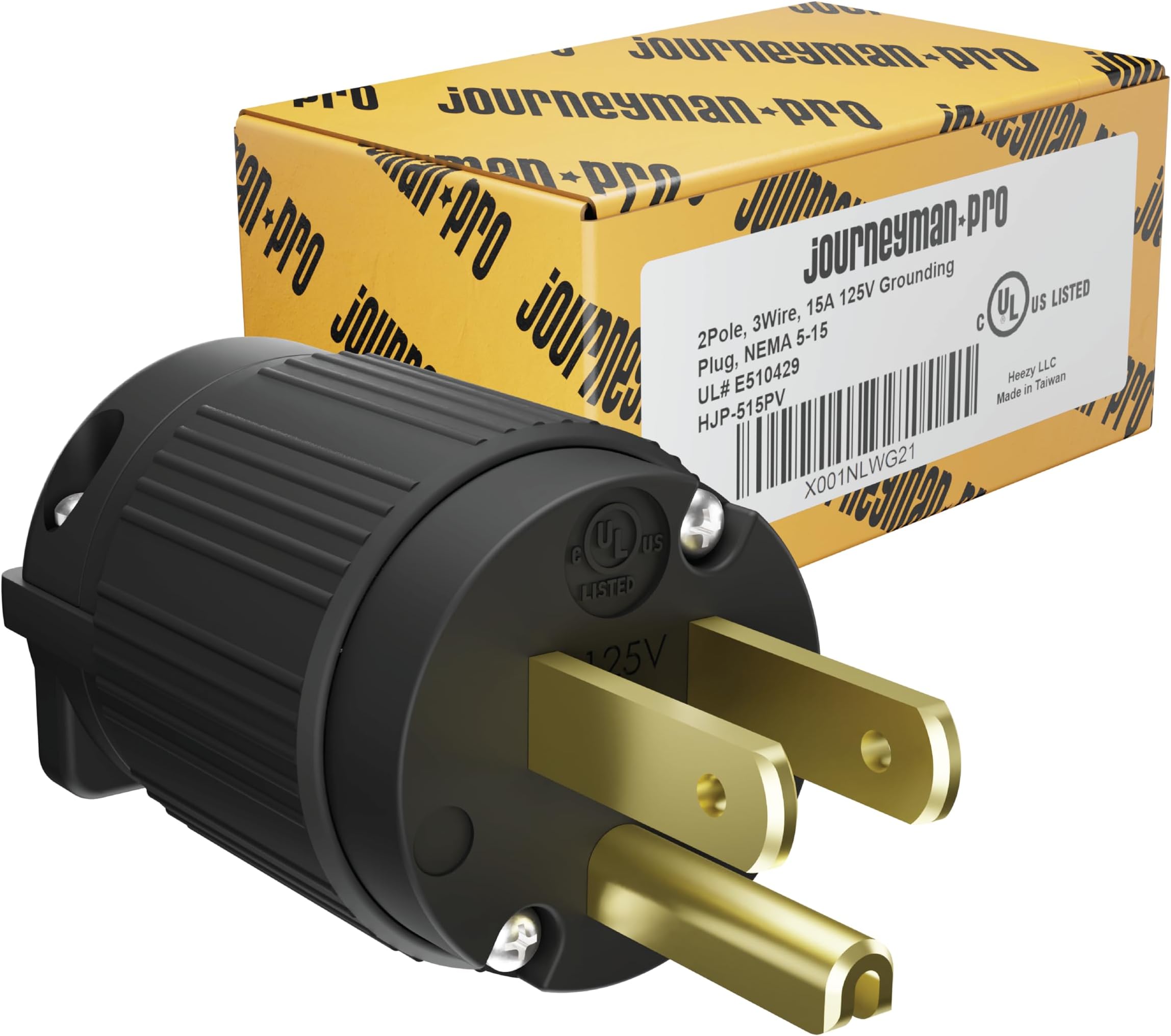 Journeyman-Pro - 515PV, 15 Amp, 125 Volt, Male Electrical Plug Replacement 3 Prong, NEMA 5-15P Straight Blade, Heavy Duty Commercial Grade Extension Cord End Repair, 2-Pole 3-Wire (Black, 1-Pack)