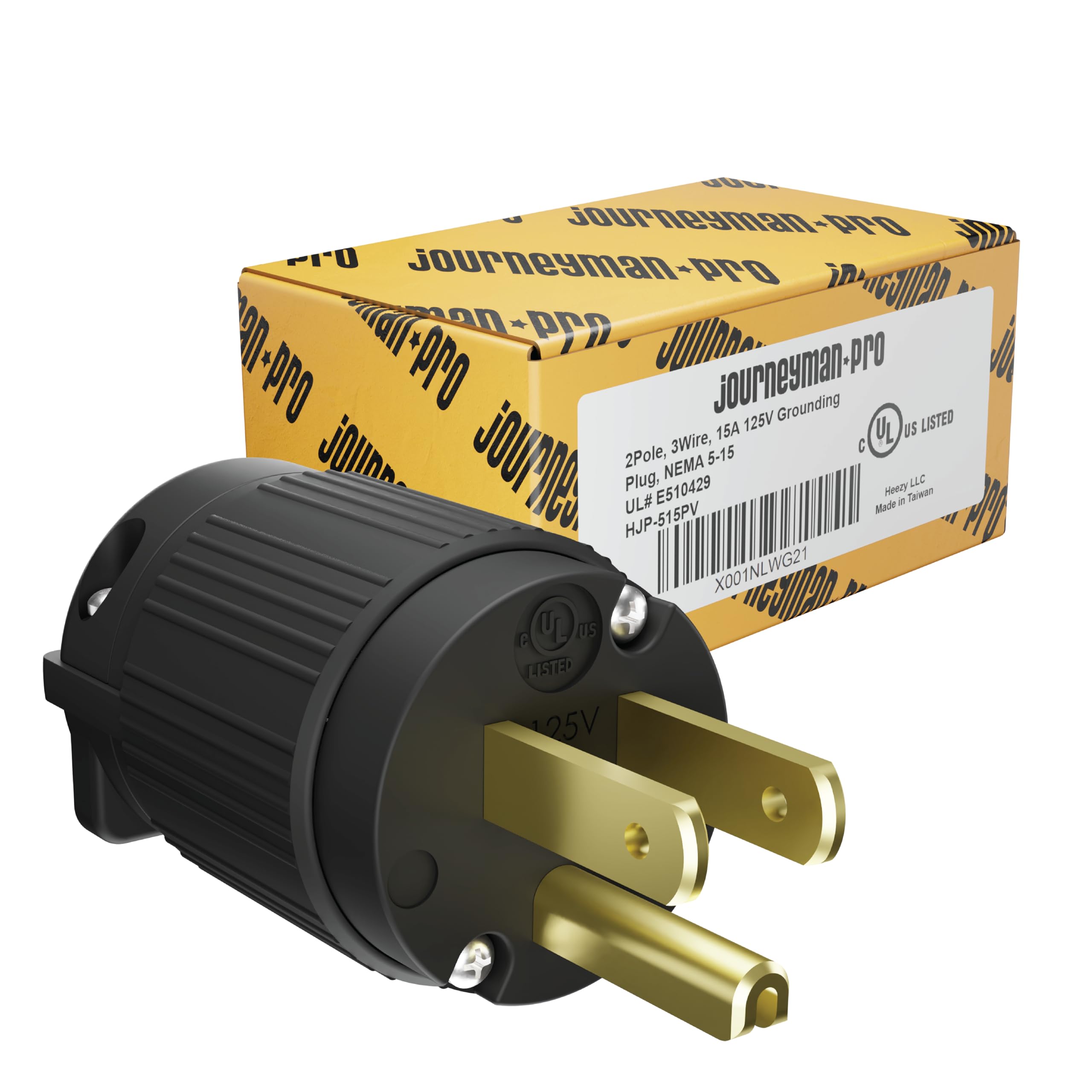 Journeyman-Pro 515PV 15 Amp 120-125 Volt, NEMA 5-15P, 2Pole 3Wire, Straight Blade, Male Plug Replacement Cord Outlet, Commercial Grade PVC Black (BLACK 1-PACK)