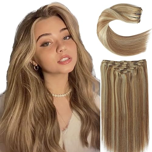 Extensiones de cabello humano real con broches, color castaño castaño mezclado con rubio decolorado, extensiones de cabello humano real natural,