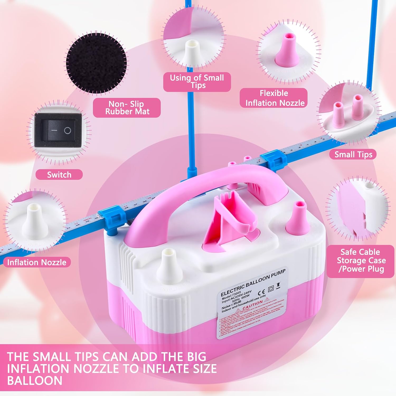 QIPUMP Balloon Pump Electric,110V 600W Balloon Blower Inflator Dual Nozzle Air Pump Balloons Inflator for Decoration, Party, Sport,Gifts:2 Balloon Tying Tools White and Pink Electric Balloon Pump with Balloon Sizer