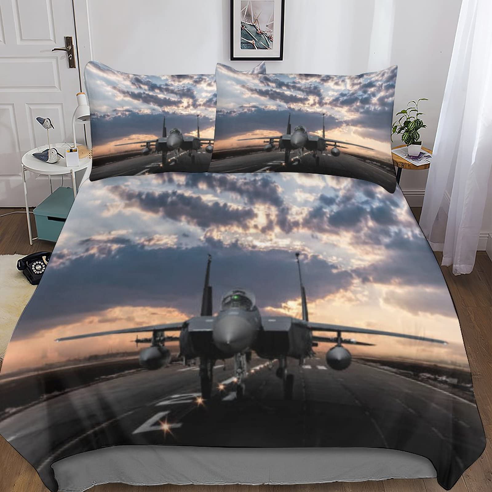 Housse de couette aéronef 200x200 parure de lit avion 3 pièces en microfibre