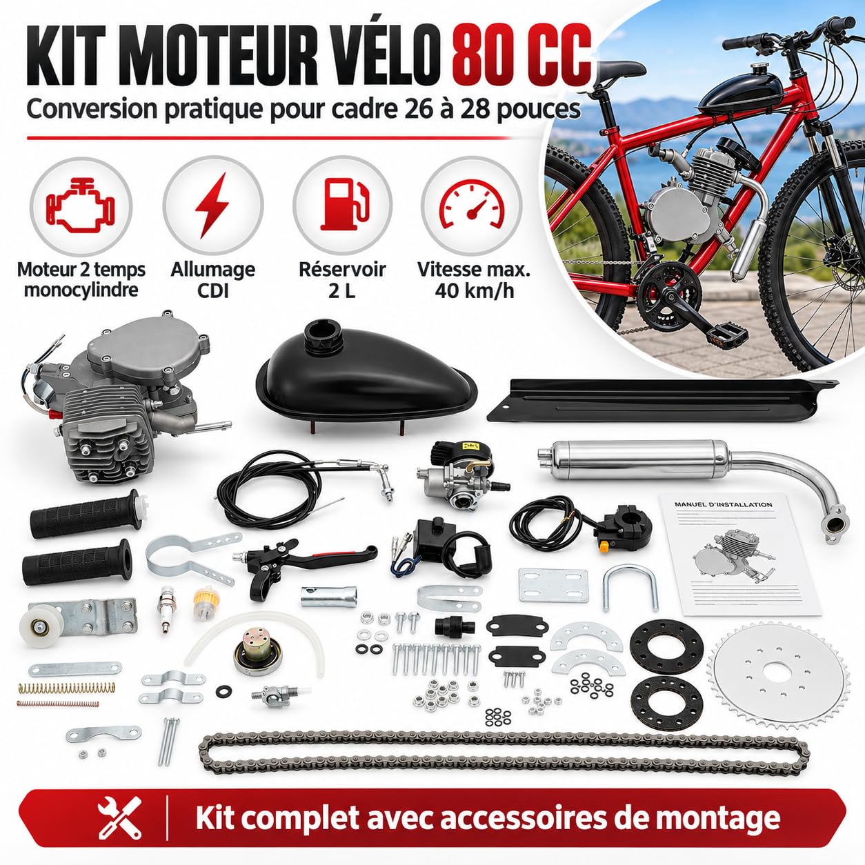 Kit motore per bicicletta da 80 cc, motore a benzina a 2 tempi, monocilindrico raffreddato ad aria, con accensione CDI, catena a 44 denti, serbatoio da 2 l, per telai da 26-28 pollici, portata massima
