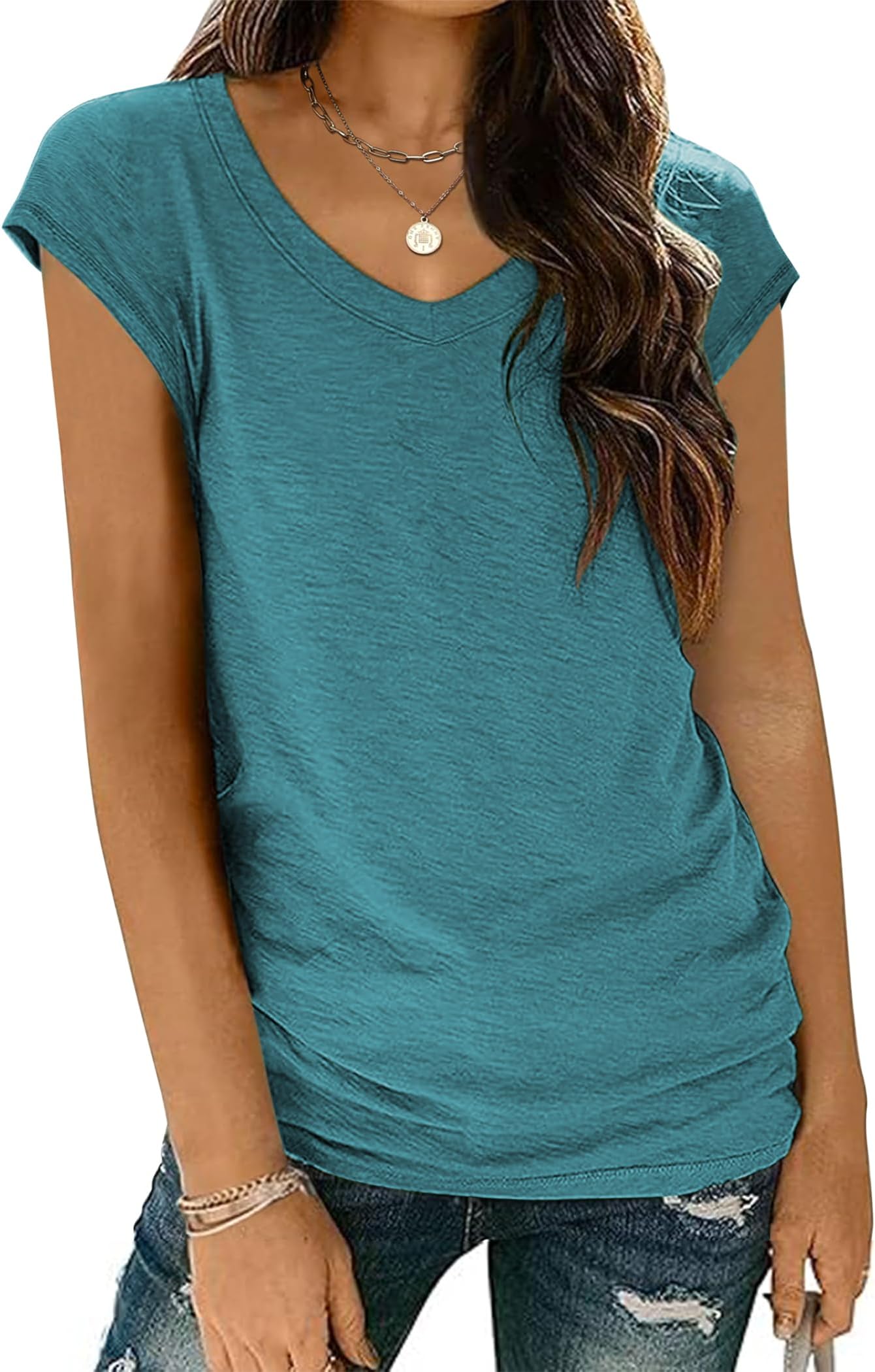 Womens Tops Cap Sleeve T Shirts V Neck Basic Tees Tops Lightweight Casual Summer Fashion Trendy Outfits Clothes Darkblue