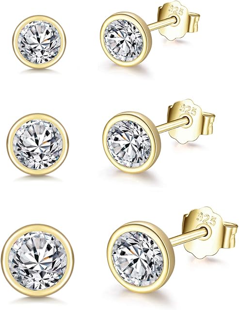 Shuxin Silver Stud Earrings for Women, 3 Pairs 925 Sterling Silver Cubic Zirconia Stud Earrings Set, Small Sleeper Cartilage Tragus Studs Earring, Silver Gold Tiny Round Stud Earrings, Size: 4, 5, 6mm