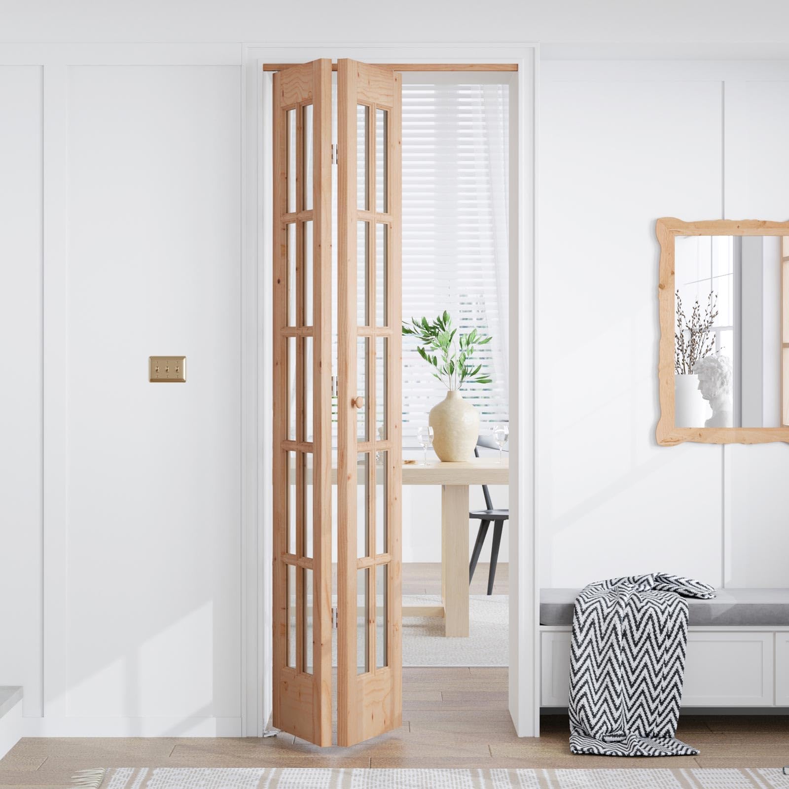 easelife bifold closet door,for 30in x 80in (double 15x80) opening,french glass barn doors with 2.5ft concealed bi-fold sliding hardware kit included,preassembled door,easy install,diy staining