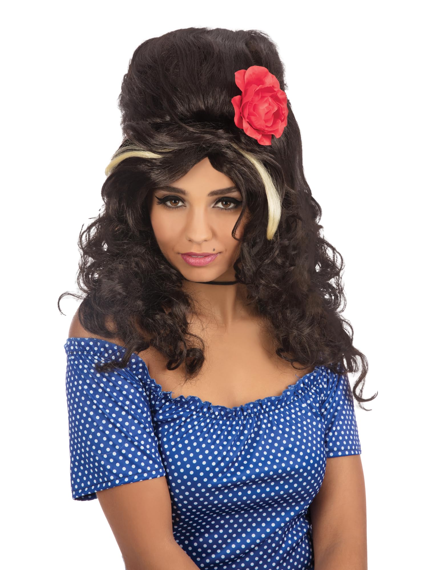 Bristol Novelty Realistic Black Beehive Wig with Rose for Women, Adult Fancy Dress Accessory