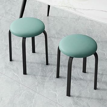 Stackable Backless Round Stools Metal Stacking Short Bar Stools Dining Stool with PU Leather Upholstered Seat Dressing Stool(Black Legs-Houndstooth)