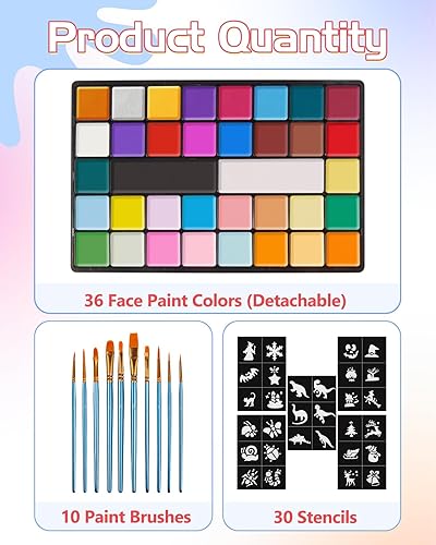Vista 15 de Lictin Pintura facial a base de agua, kit de pintura facial de 18 colores con plantillas y pinceles, kit de maquillaje de Halloween para adultos