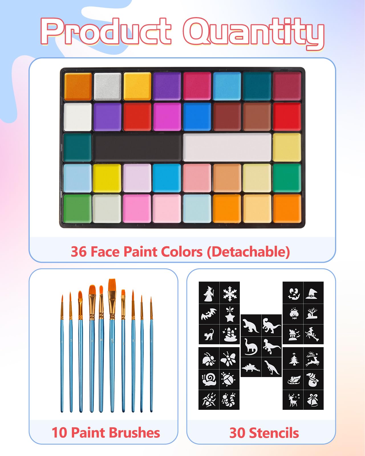 Lictin Truccabimbi Kit,Face Paint-36 Colori,Kit per La Pittura del Viso per Bambini,10 Pennelli Professionali,30 grafica per festa di Halloween, compleanno, Natale Paletta di bellezza,grande regalo