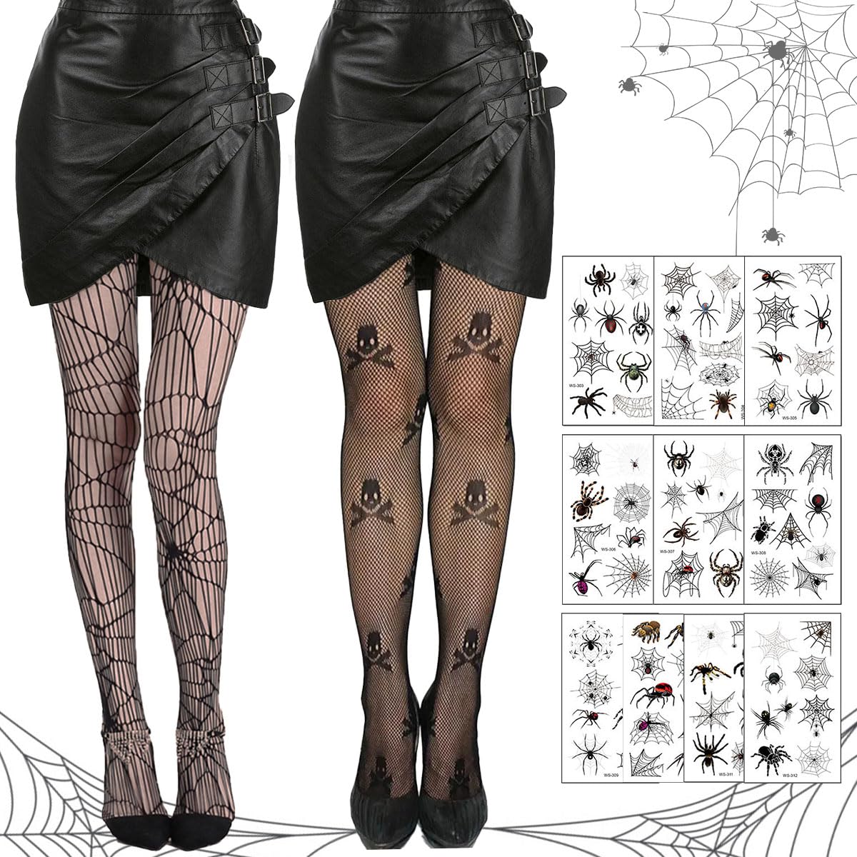Collants Résille Halloween – 2 Paires (squelette & Araignée) + Tatouages Temporaires – Pour Déguisement Sexy Et Effrayant