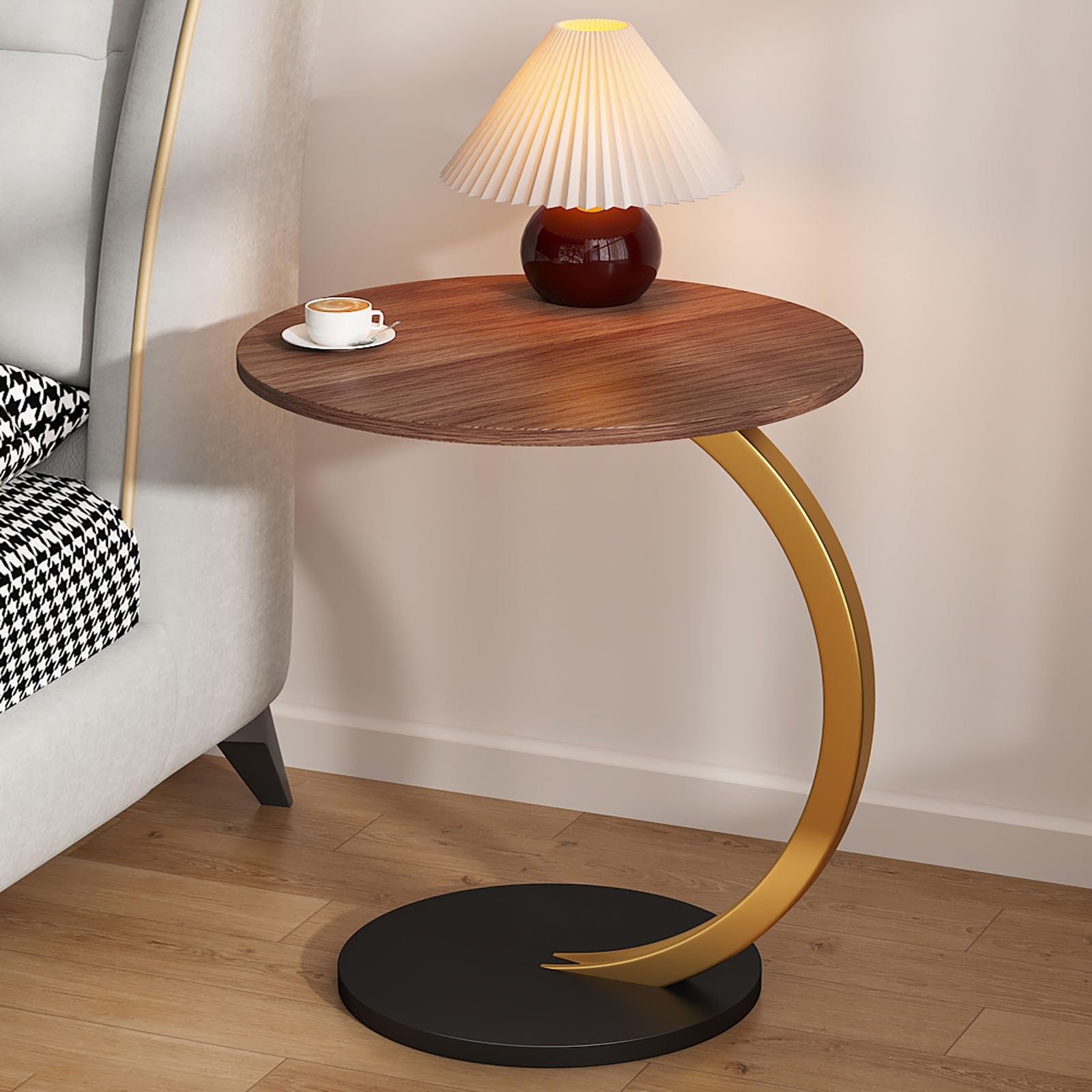 C Shaped Sofa Side Table with Wheels and Vintage Coffee Table Round Laptop Bed End Table for Office and Bedside Use (Brown Gold)