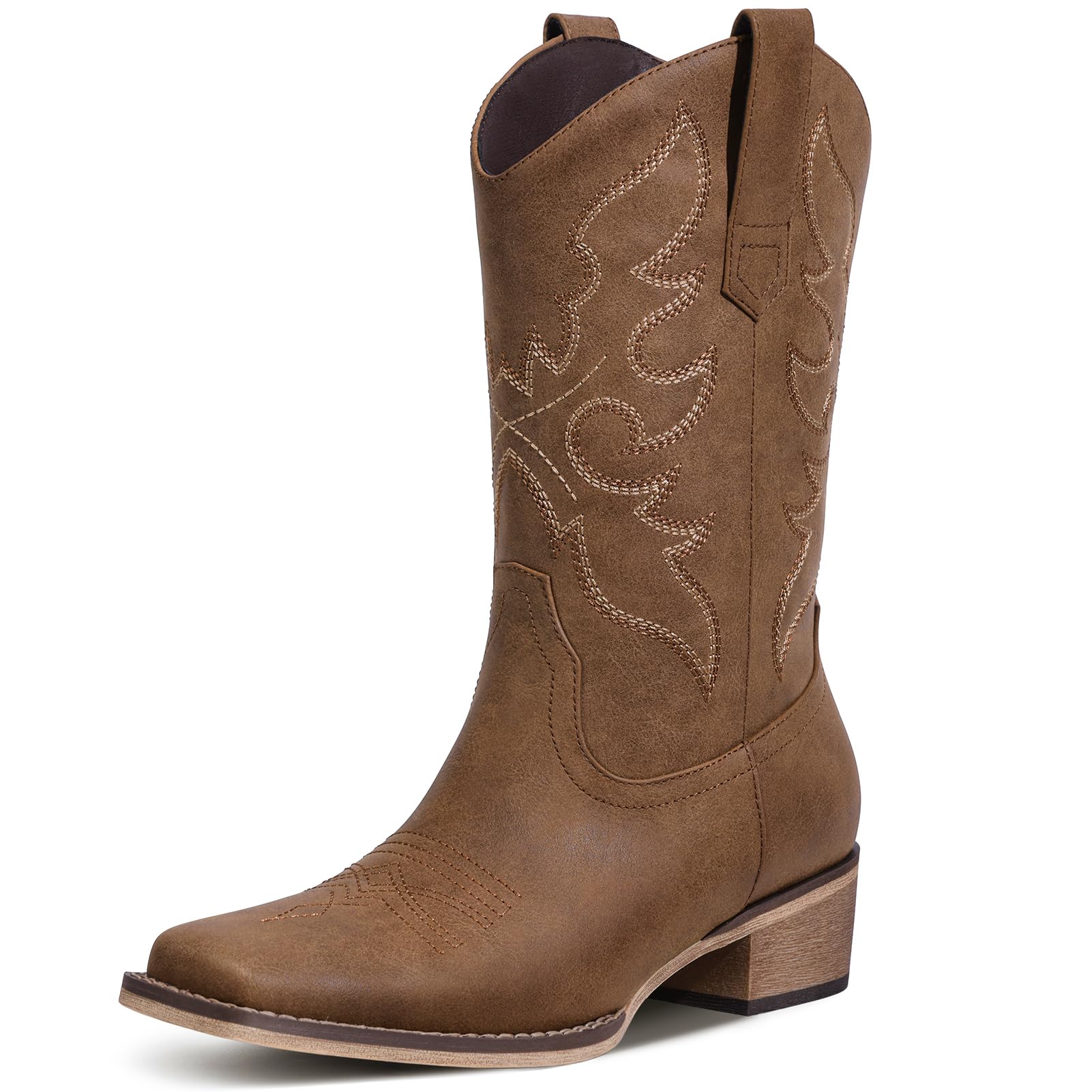 Cowboy Boots for Women Square Toe - Mid Calf Western Cowgirl Boots with Embroidery Pull On Chunky Heel