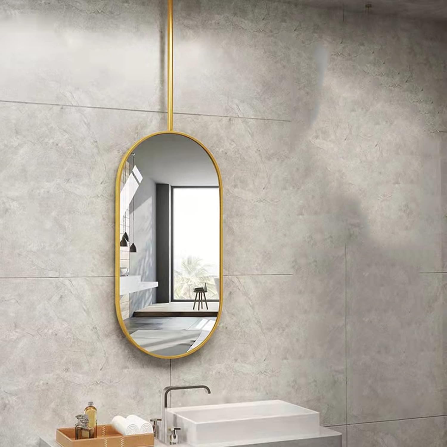 Ceiling Mounted Mirror Hanging Rod Mirror Clear and Practical, Home Hotel Floating Bathroom Vanity Makeup Mirror, Decorative Simple Mirror, Gold (Size : 40cmx60cm)