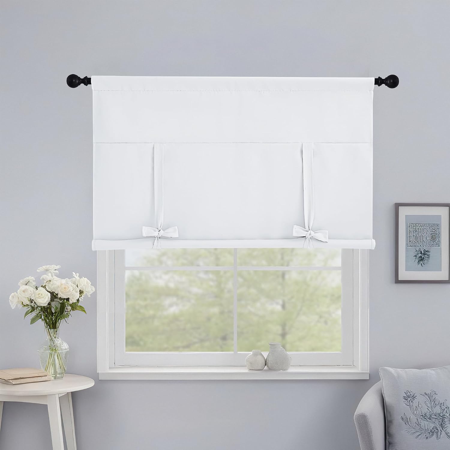 NICETOWN Blackout Roller Shades for Bathroom Windows, Rod Pocket Tie Up Window Shade Light Reducing Curtains for Kitchen, Door Blind Short Curtains, 1 Panel - 46" Wide by 48" Long, Pure White