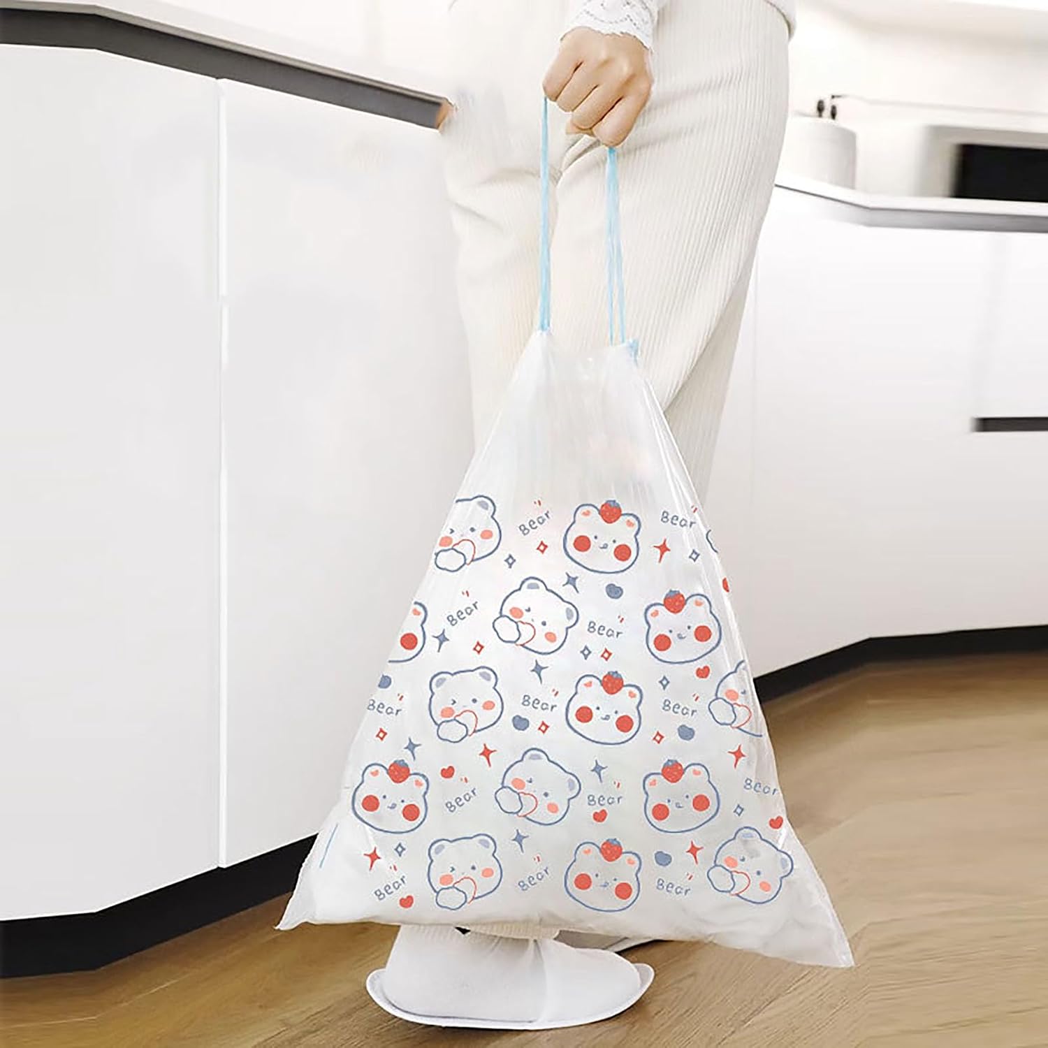 4 Gallon Trash Bags 75 Count- Drawstring small trash Bags 1.1mil Thick for Bathroom, Kitchen, Bedroom, Office Toilet Home (White-pink, 75Counts)