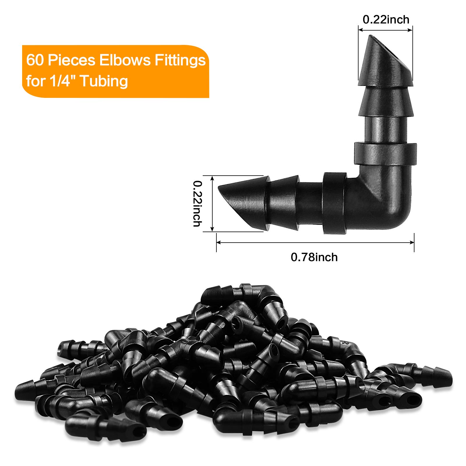 60 piezas de codos de riego por goteo para tubos de 1/4 pulgadas – conectores de púas para sistemas de goteo de césped de jardín (negro)