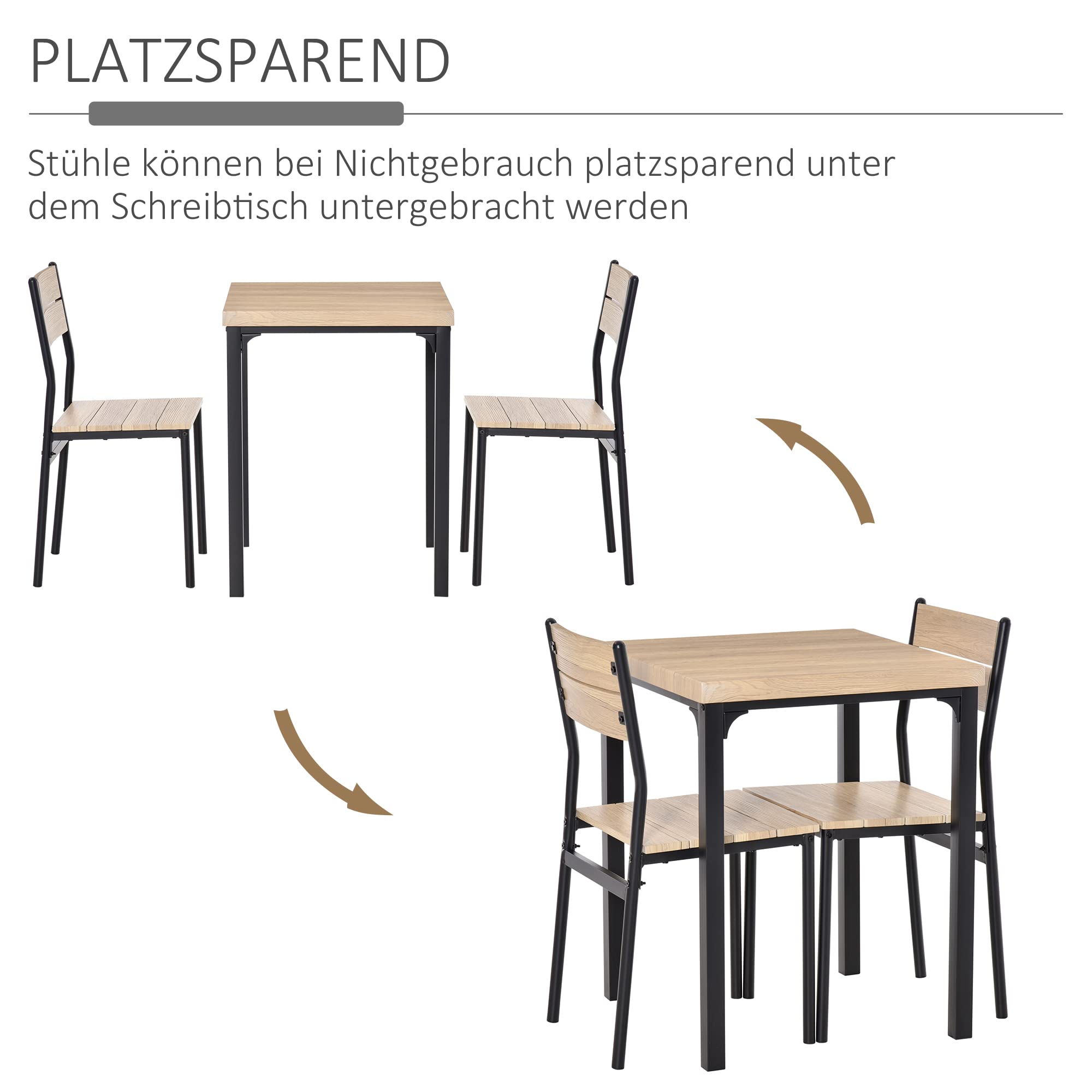 HOMCOM 3-teilige Essgruppe Esstisch mit 2 Stühlen, 4 cm Tischplatte Sitzgruppe Küchentisch mit Metallgestell Esszimmergruppe, Natur