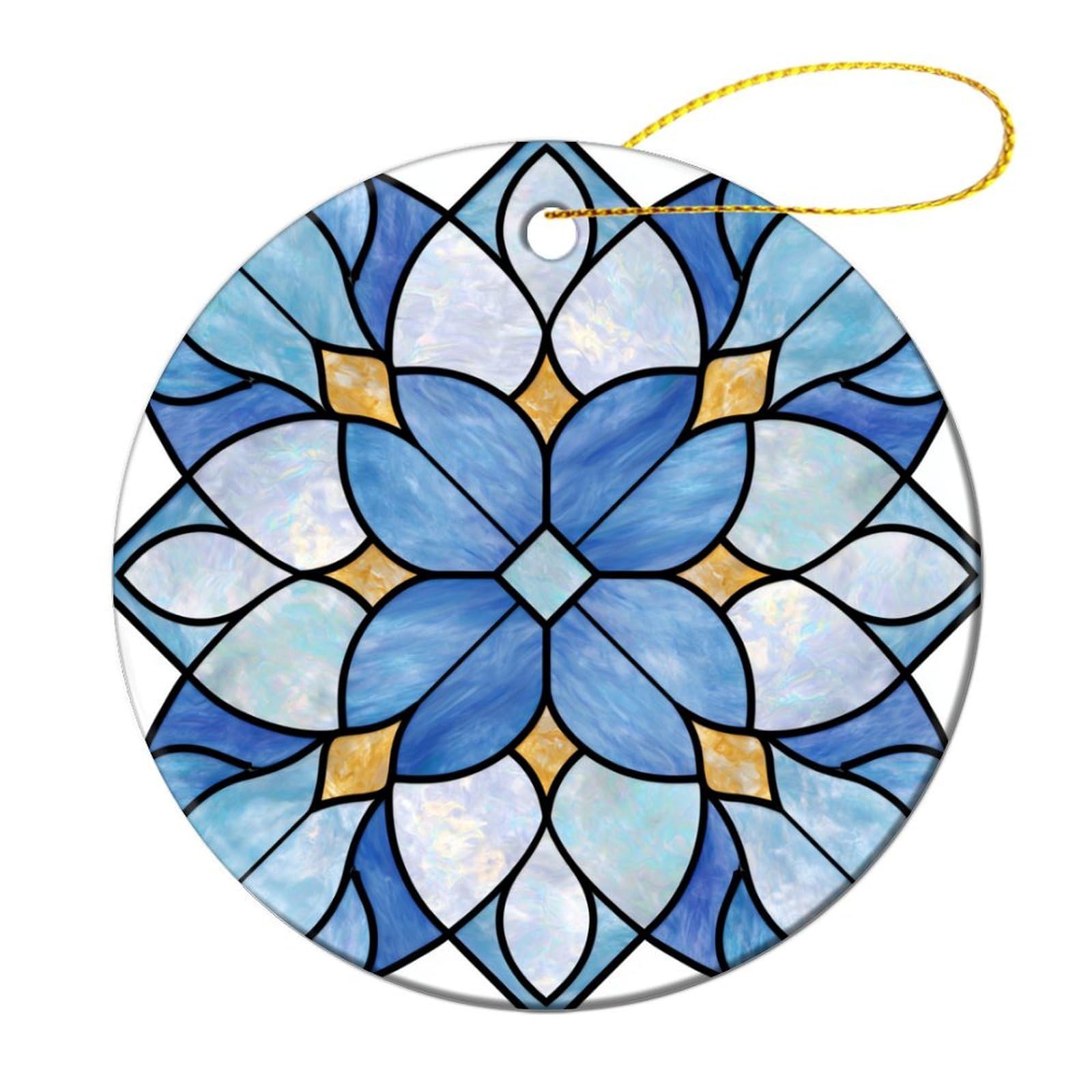 Blue Flower Transparent Stained Glass Christmas Tree Hanging Ornaments,2 Pieces, 7.2CM Round Double-Sided