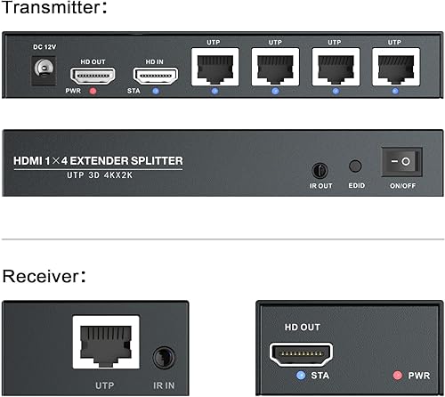 Miniatura 4 de Divisor extensor HDMI 1x4 HD 4K 60Hz a través de cable Ethernet CAT5CAT6CAT7, hasta 196 pies de bucle equipado con IR POC y EDID
