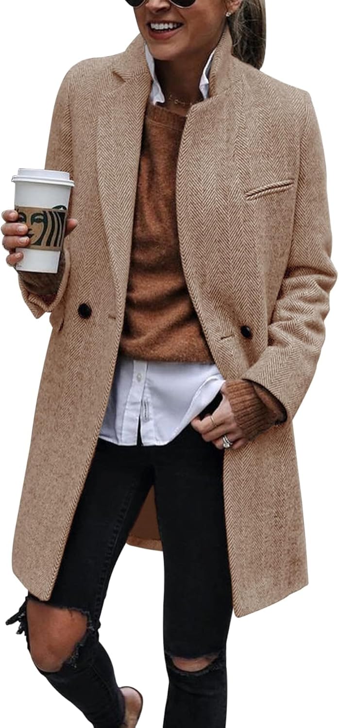 Ebifin Women's Notch Lapel Double Breasted Trench Coat Peacoat Winter Casual Long Blazer Jacket Overcoat - Image 2