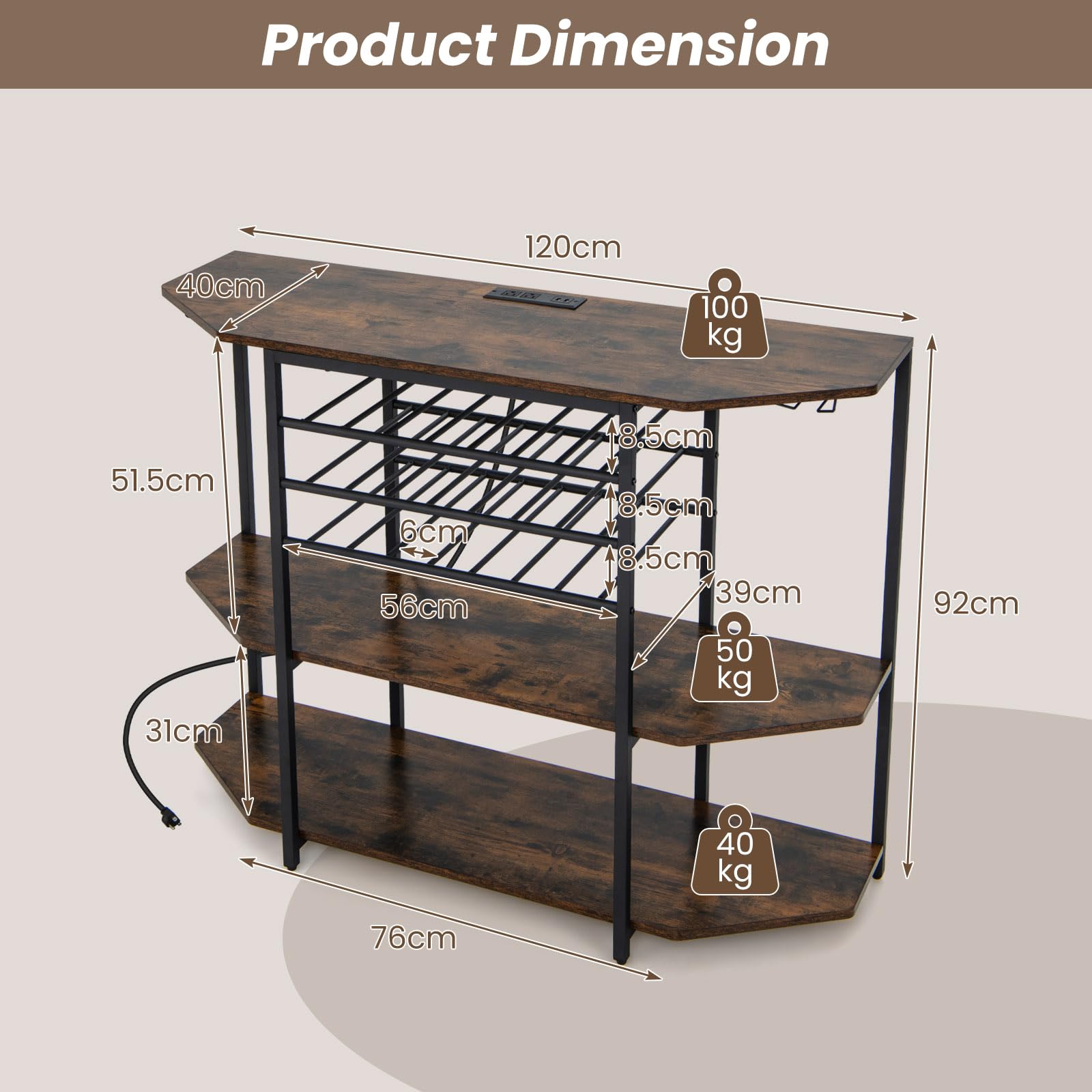 GIANTEX Aparador con Botellero para 21 Botellas, Estantería de 3 Niveles con Portavasos, Mueble Auxiliar con 2 Puertos USB y 2 Enchufes, 120 x 40 x 92 cm, para Bar, Comedor (Marrón)
