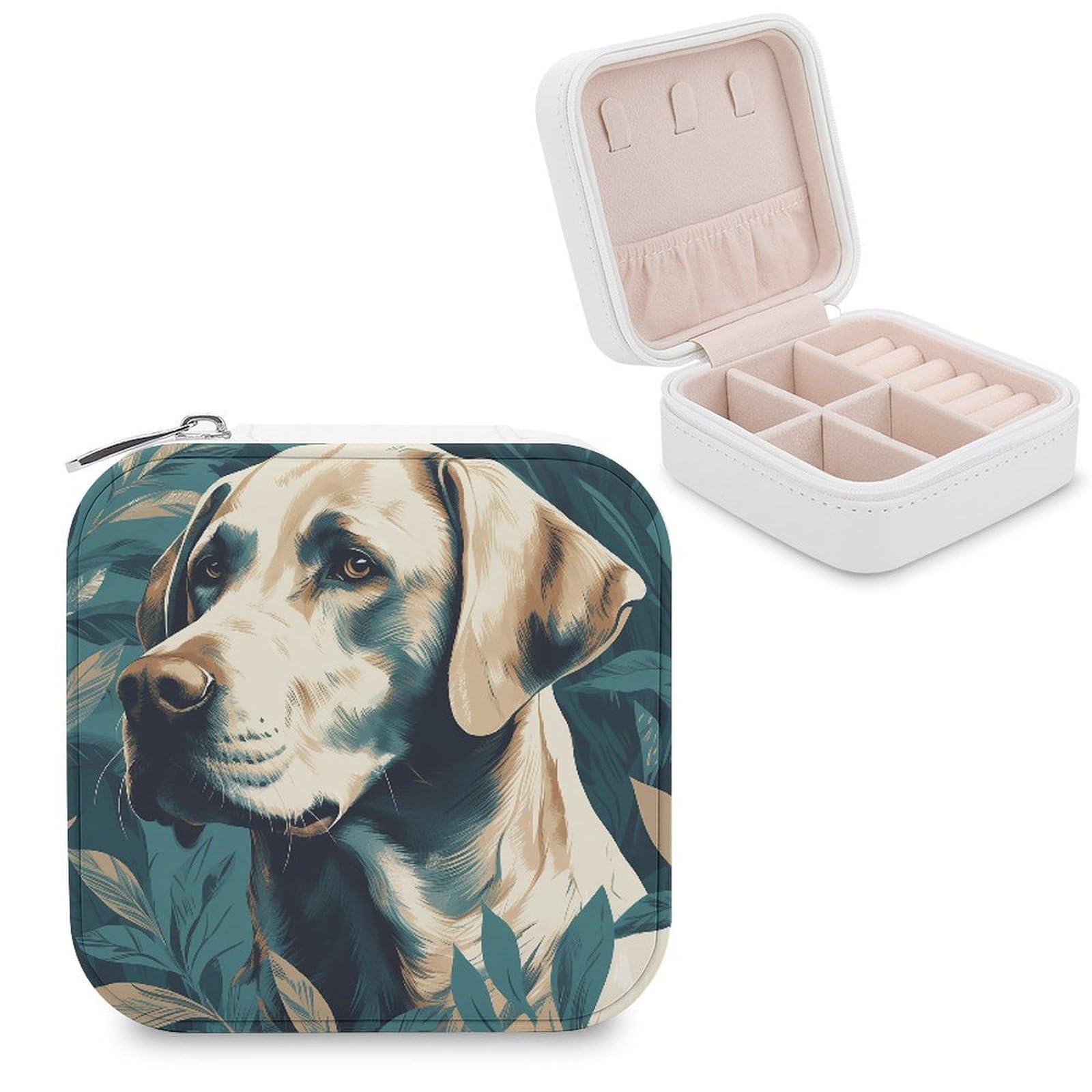 FekiLoot Dog in Leaves Jewelry Case Personalized Leather Jewelry Box Mini Travel Jewelry Case Small Portable Jewelry Organizer for Ring Earrings Necklace Bracelet