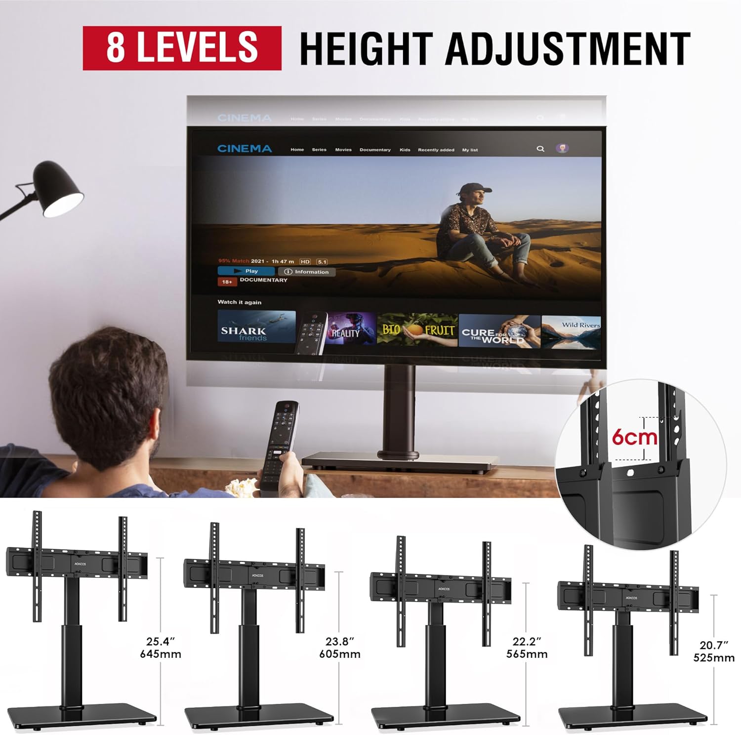 Image showing the 8 levels of height adjustment available on the TV stand.