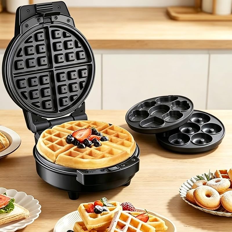 3 in 1 Donut Maker, Electric Waffle, Sandwich & Cake Machine with 3 Removable Non-Stick Plates, Cartoon Dessert Toaster for Breakfast, Snacks & Kid-Friendly Treats