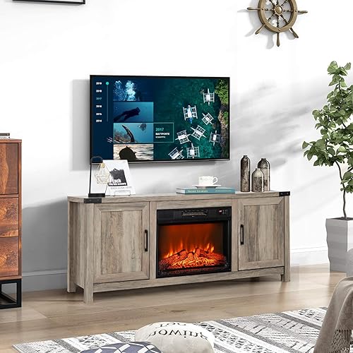 Miniatura 3 de Tangkula Soporte de TV con chimenea para televisores de hasta 70 pulgadas, consola de TV de granja con inserto de chimenea eléctrica de 23 pulgadas,