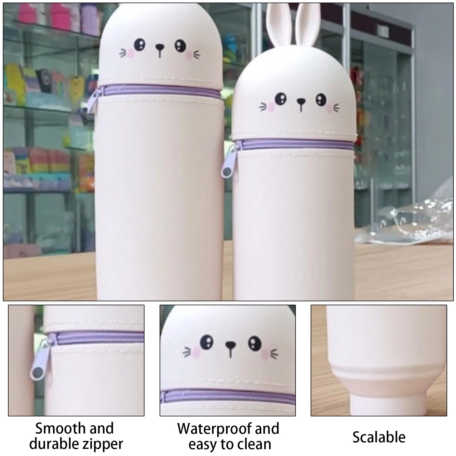 Trousse Ecole Silicone Souple Kawaii Lapin Pochette Stylo Verticale Rétractable Sac Rangement Papeterie