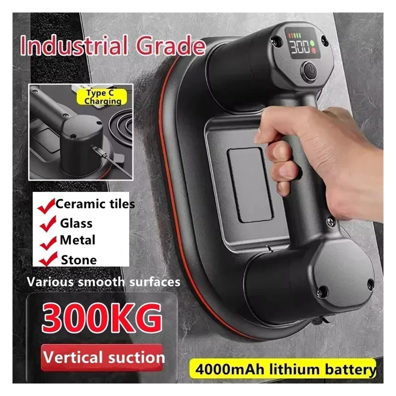 Ventosa de vacío eléctrica grado industrial con pantalla inteligente, capacidad carga 300 kg, elevador baldosas granito y vidrio alta resistencia, batería 4000 mAh para levantar baldosas