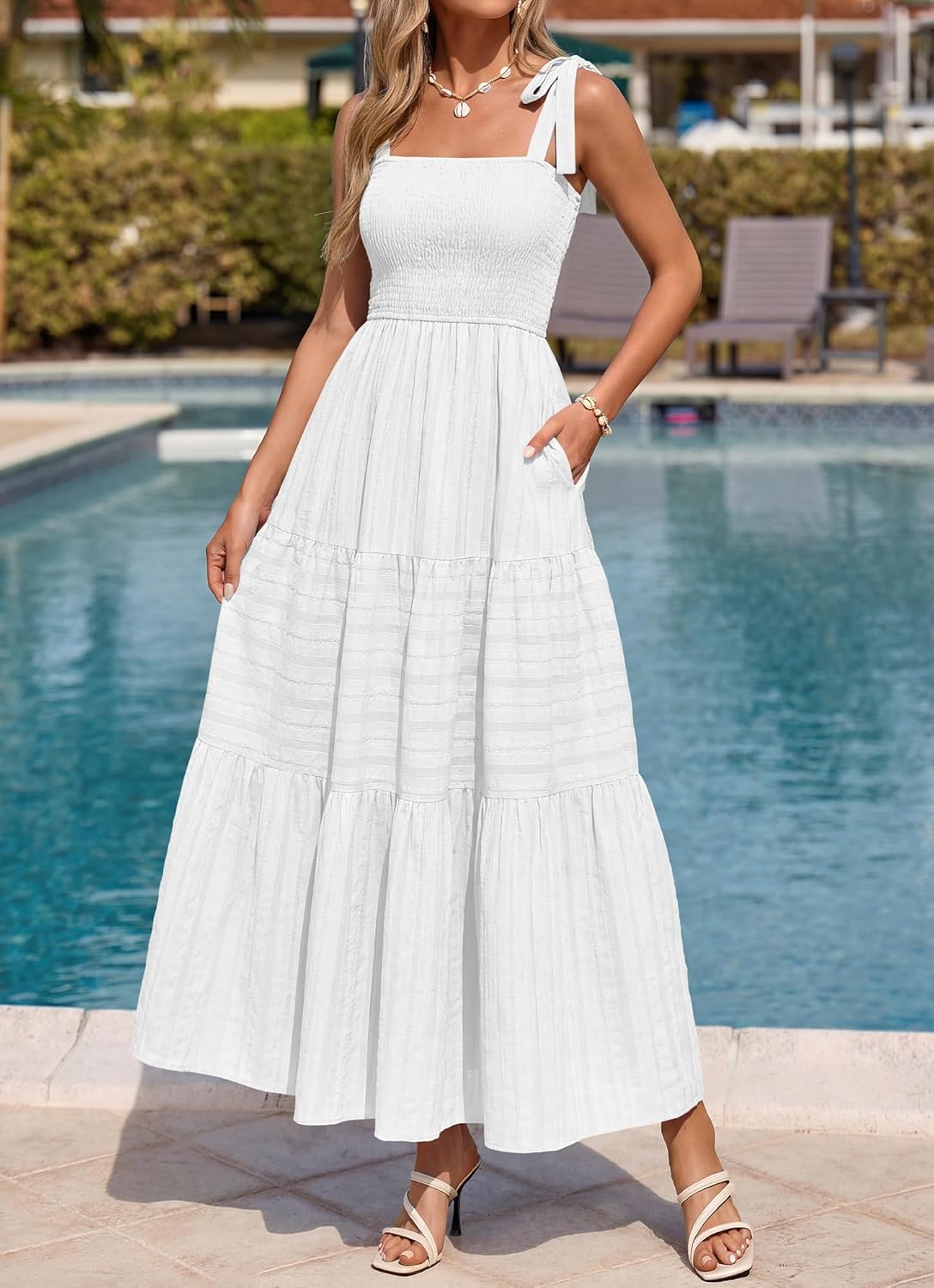 BTFBM Women's 2026 Spring Boho Spaghetti Strap Dress Casual Sleeveless Smocked A Line Beach Sundress Long Maxi Dresses