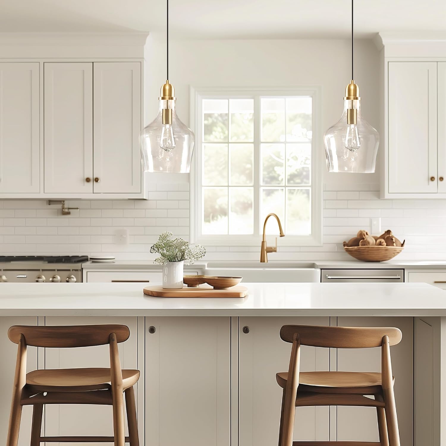 INK+IVY Auburn Pendant Lighting for Dining Room, Industrial Kitchen Lights, Hand-blown Glass Bell Shaped Pendant Light for Kitchen Island, Foyer, Bedroom, 9" Dia x 95.5" H, Gold/Clear