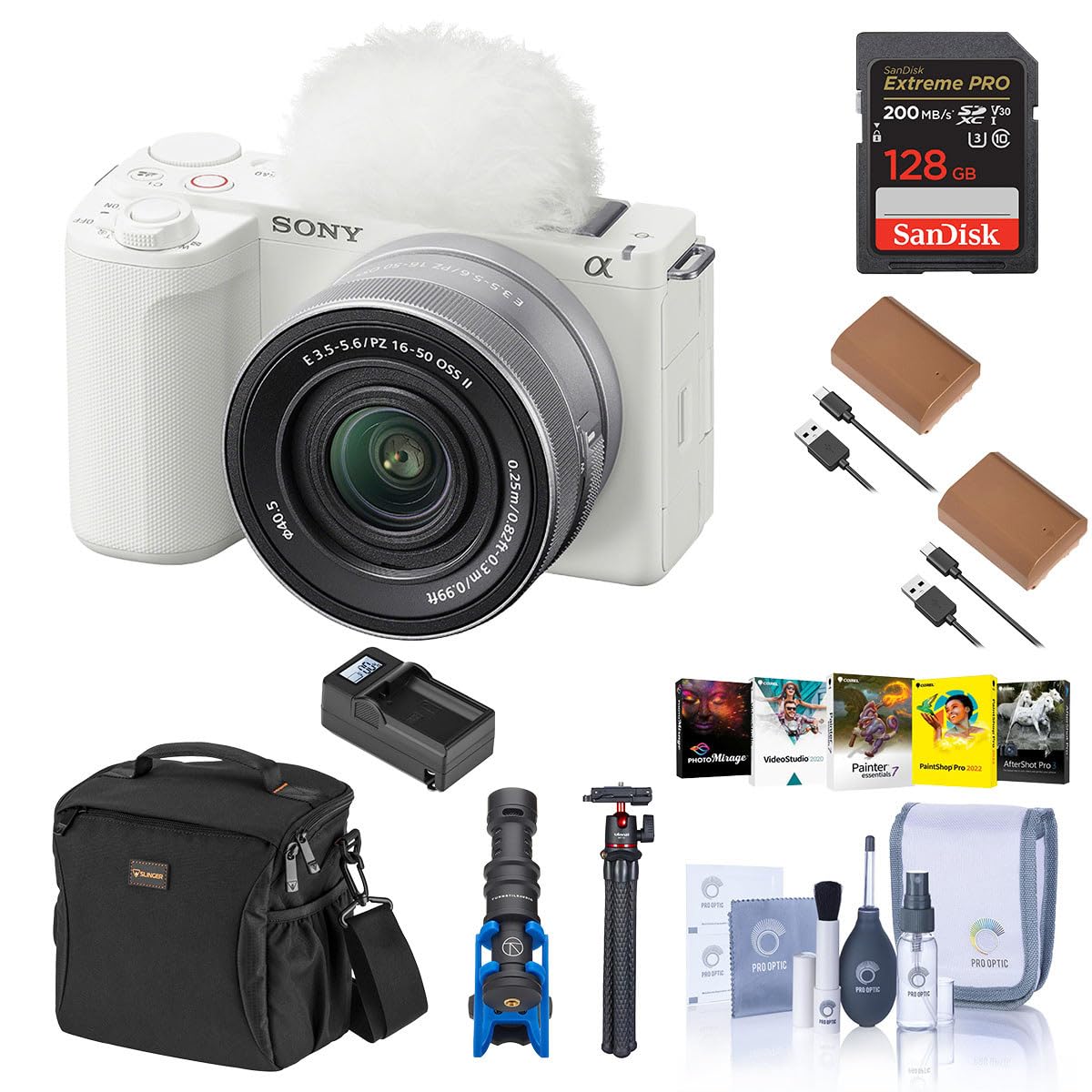 Sony Alpha ZV-E10 II Mirrorless Camera with E PZ 16-50mm f/3.5-5.6 OSS II Lens, White Bundle with 128GB Memory Card, 2X Battery, Charger Base, Microphone, MT-11 Tripod and PC Software License Key