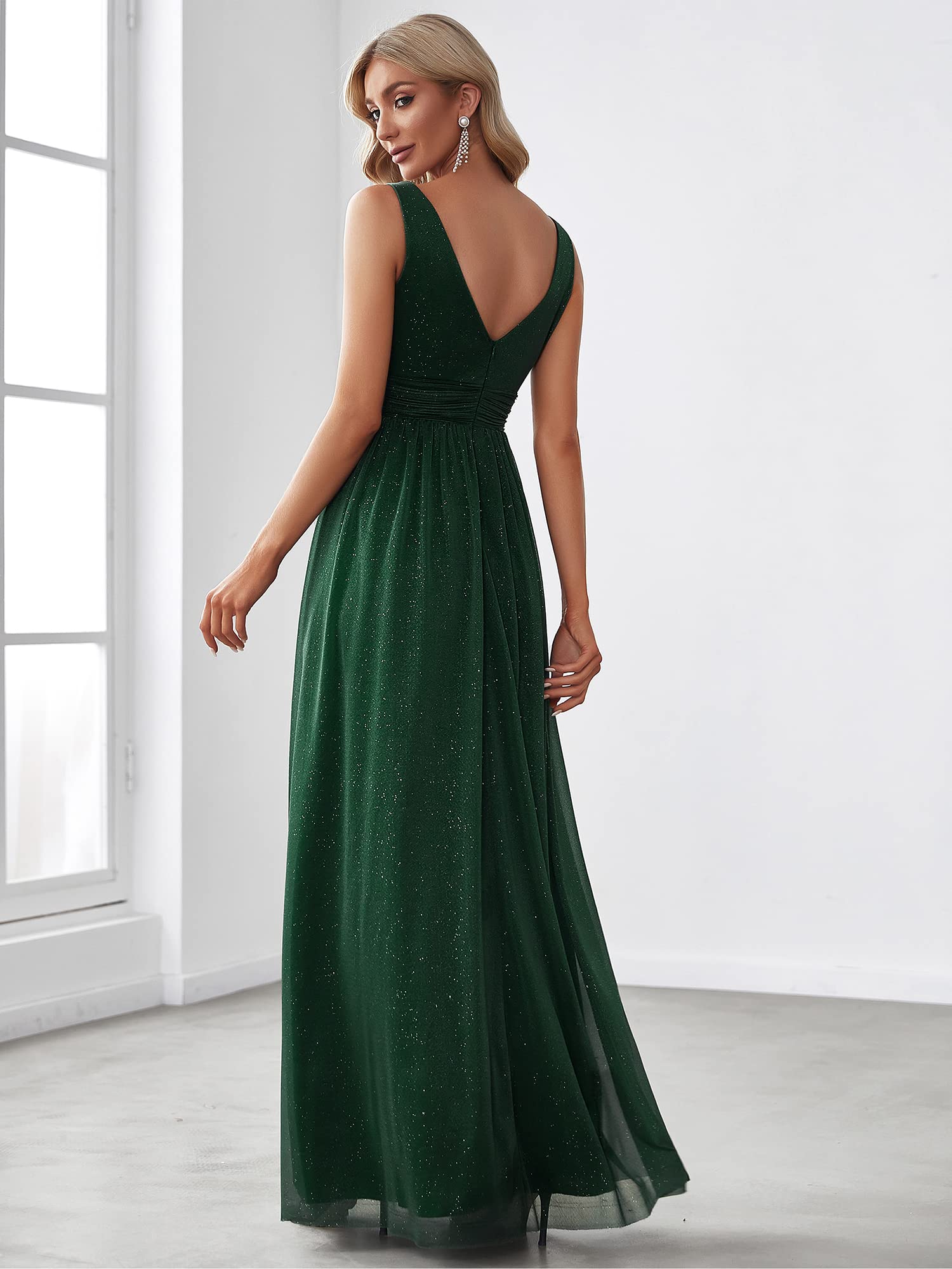 Ever-Pretty Damen V-Ausschnitt Ärmellos Hohe Taille Glitzer Elegant Lang Abendkleider EZ07764