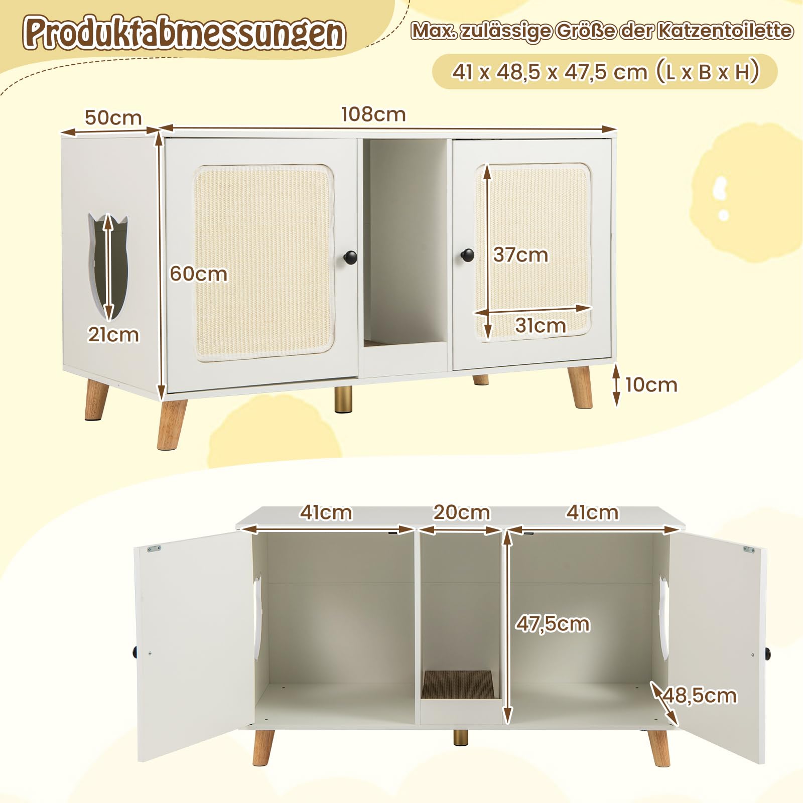 COSTWAY Katzenschrank für Katzentoilette, Katzenklo Schrank mit 2 Türen & Kratzbrett & 2 Sisal-Kratzmatten & Eingang, Katzenhaus für 2 Katzen, Katzenmöbel Beistelltisch, 108 x 50 x 60 cm (Weiß)