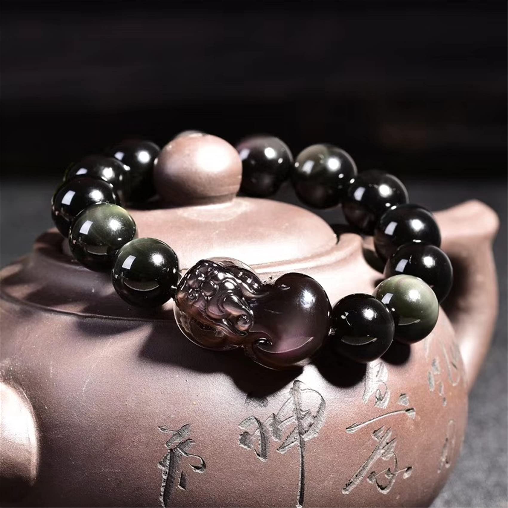 WZGWDC Schwarzes Obsidian-Armband, Piyao-Armband, natürliche Regenbogenaugen-Perlen, Kristall-Talisman, Wohlstand, 16 mm