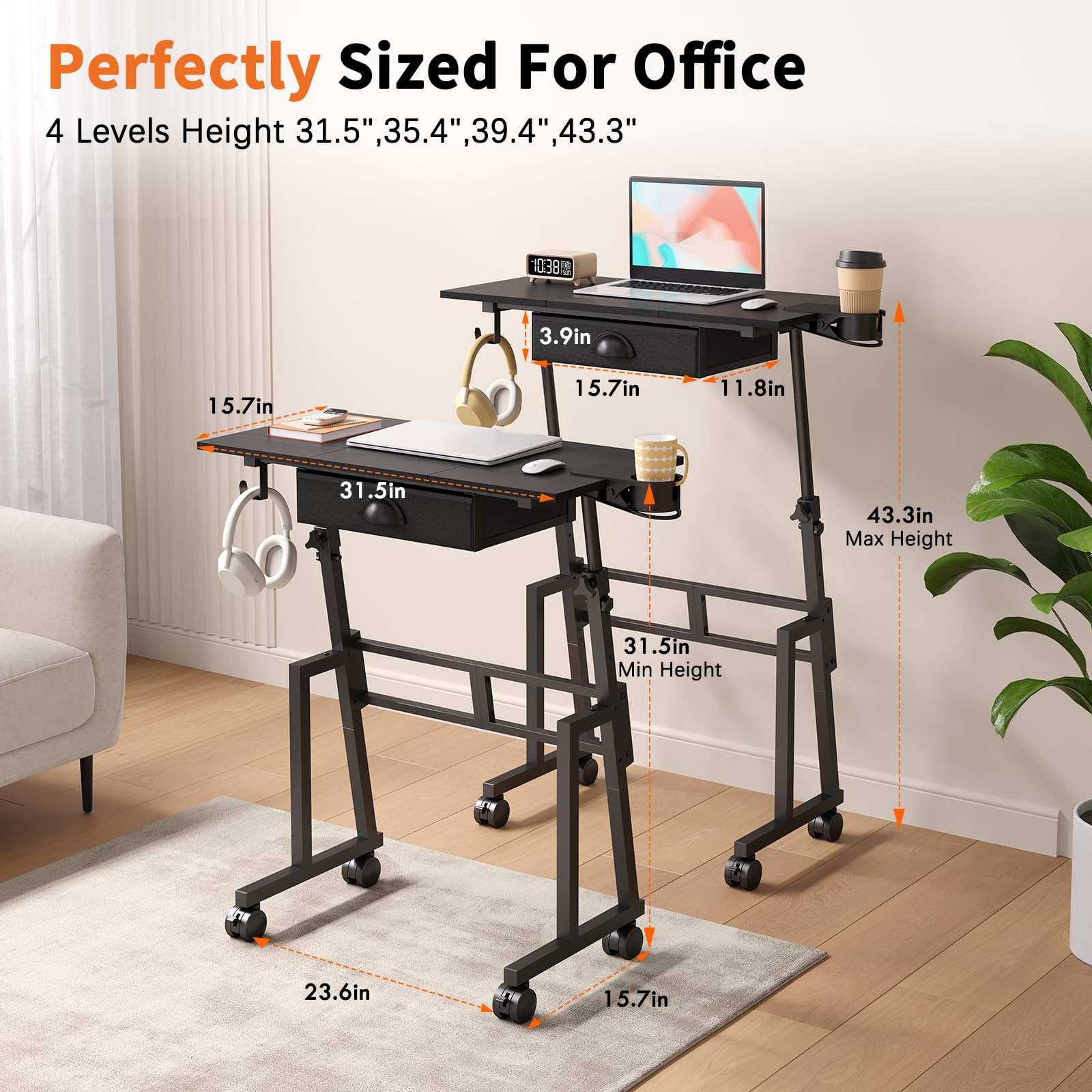 Adjustable Height Standing Desk with Drawer Rolling Sit to Stand Up Desk with Wheels Height 31 5-43 3 — view 8