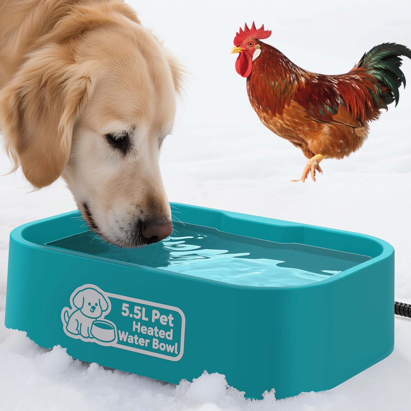 IPOW Ciotola riscaldata per animali domestici, 5,5 l, rettangolare, per esterni, resistente, con cavo anti-masticazione, mantiene l'acqua calda a 25-35 °C, per cani e gatti, senza BPA, a prova di