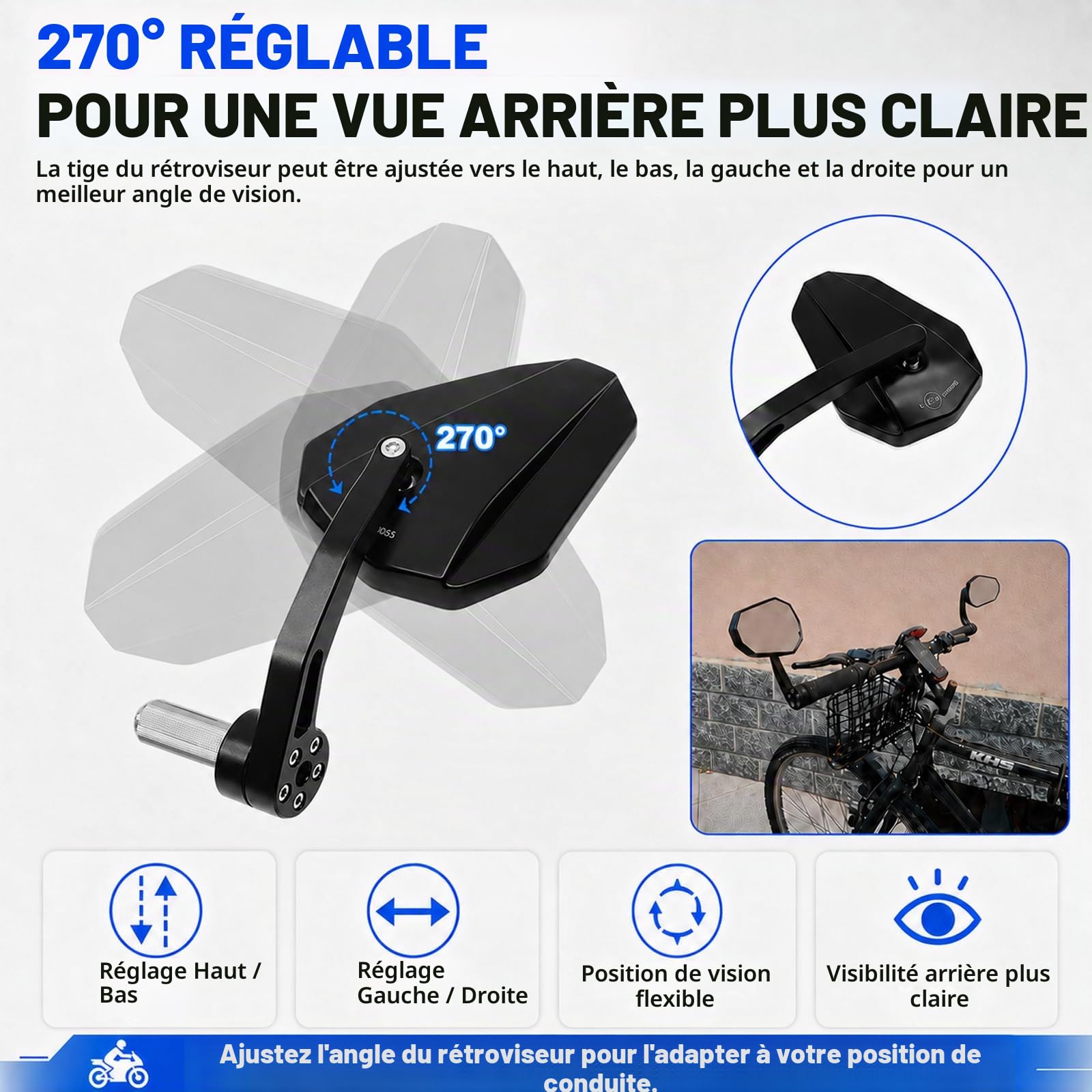 Anti-Glare Bleu Retroviseur Moto Embout de Guidon avec E24 Homologué | Retroviseur Moto Embout Latéraux Moto Universel 7/8“ 22mm Ensemble,Aluminium,pour Scooter Motos Quad ATV Bar End