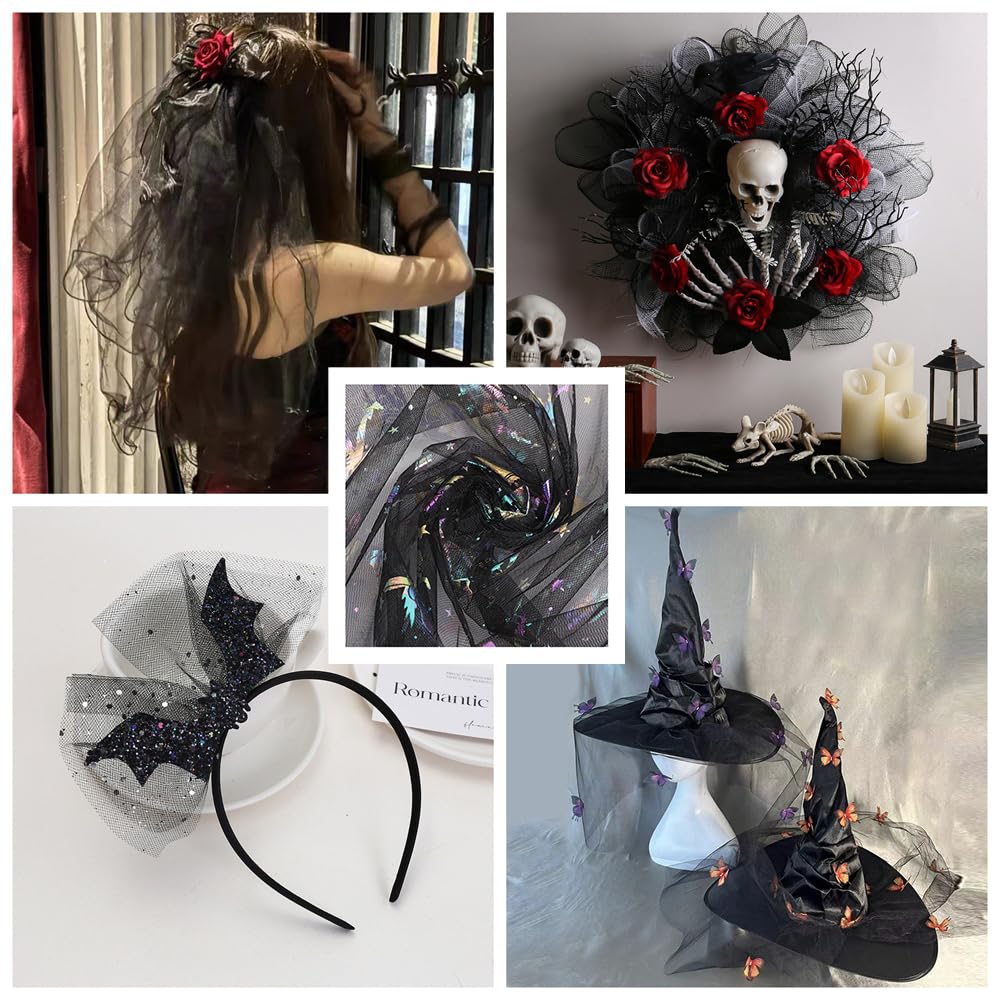 Halloween organza tkanina o szerokości 150 cm, pajęczyna, tiul, brokat, w dyni, tiulu, kolorowa dekoracja ścienna na Halloween, rozciągliwa tkanina na imprezę, duży pająk, 20 jardów