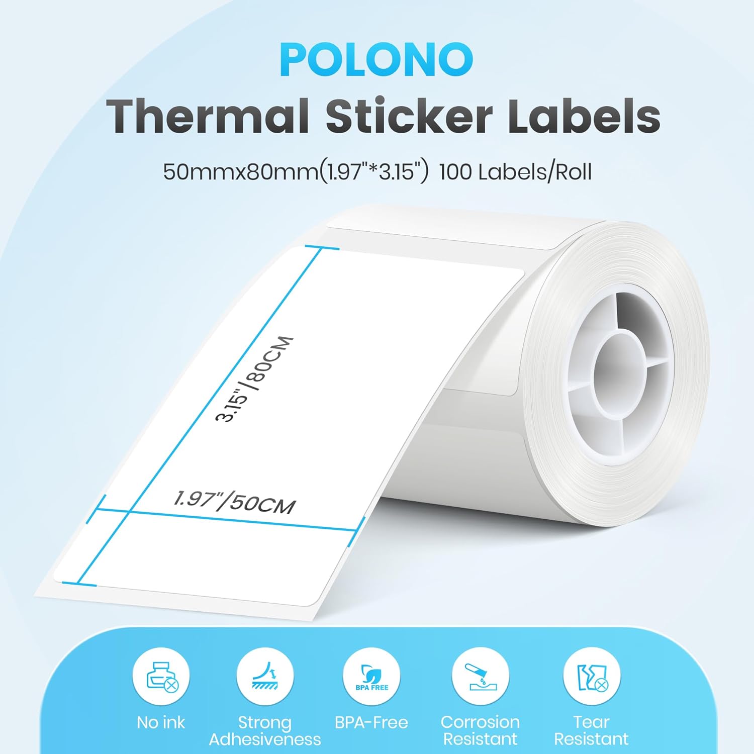 POLONO Thermal Labels for PM220S Label Maker, 1.97"x3.15" (50x80mm), Multi-Purpose Thermal Sticker Label Tape, Self-Adhesive Thermal Paper for Home, Office, 100 Labels/1Roll, White - Image 2