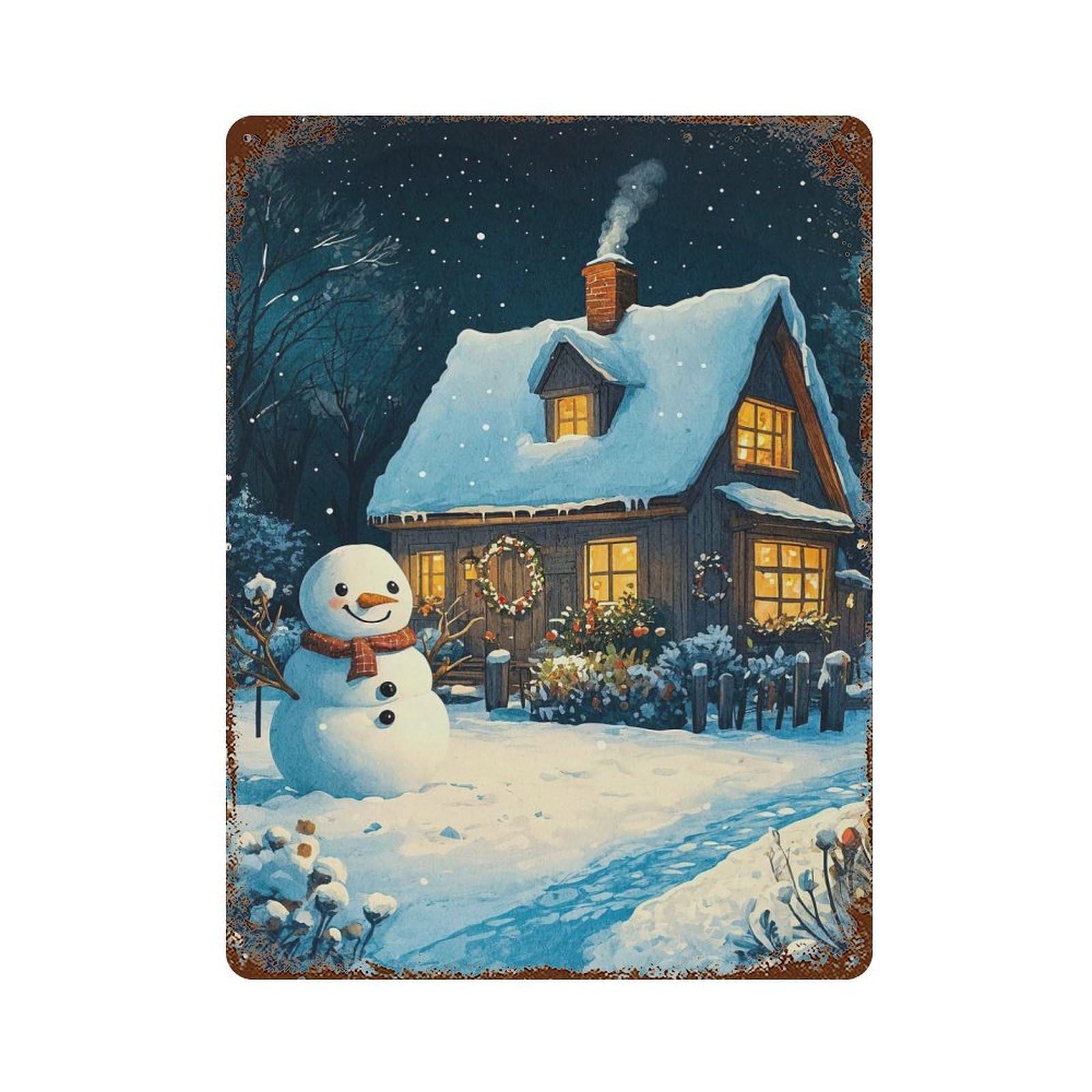 Snowy Cottage Christmas Vintage Rust Metal Sign 15.7"x11.8", for Basement, Hobby Room And Garage Decor, Farmhouse Wall Decor