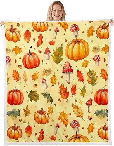 Manfei Autumn Kids Throw Blanket Pumpkin Maple Leaf Mushroom Print Fuzzy Blanket for Boys Girls Adults, Fall Theme Blanket for Bed Couch Sofa, Soft