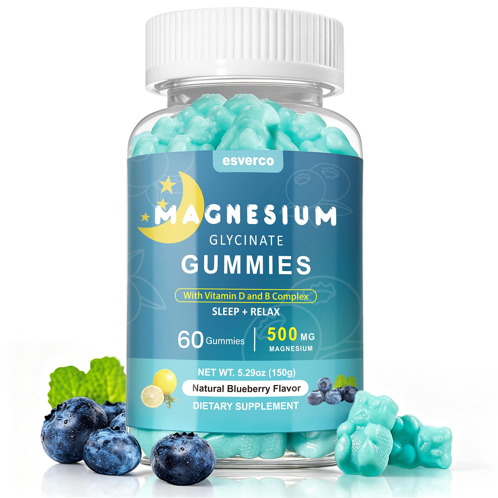 Magnesium Glycinate Gummies 500mg No Melatonin, Blueberry 60 Count 60 Count (Pack of 1)