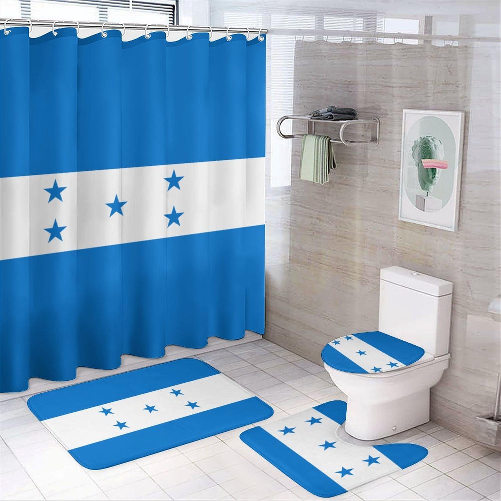 CGSBNGHA Honduras Flag Shower Curtain Set 4 Piece Bathroom Sets with Rugs Toilet Lid Cover And U-Shaped Floor Mat