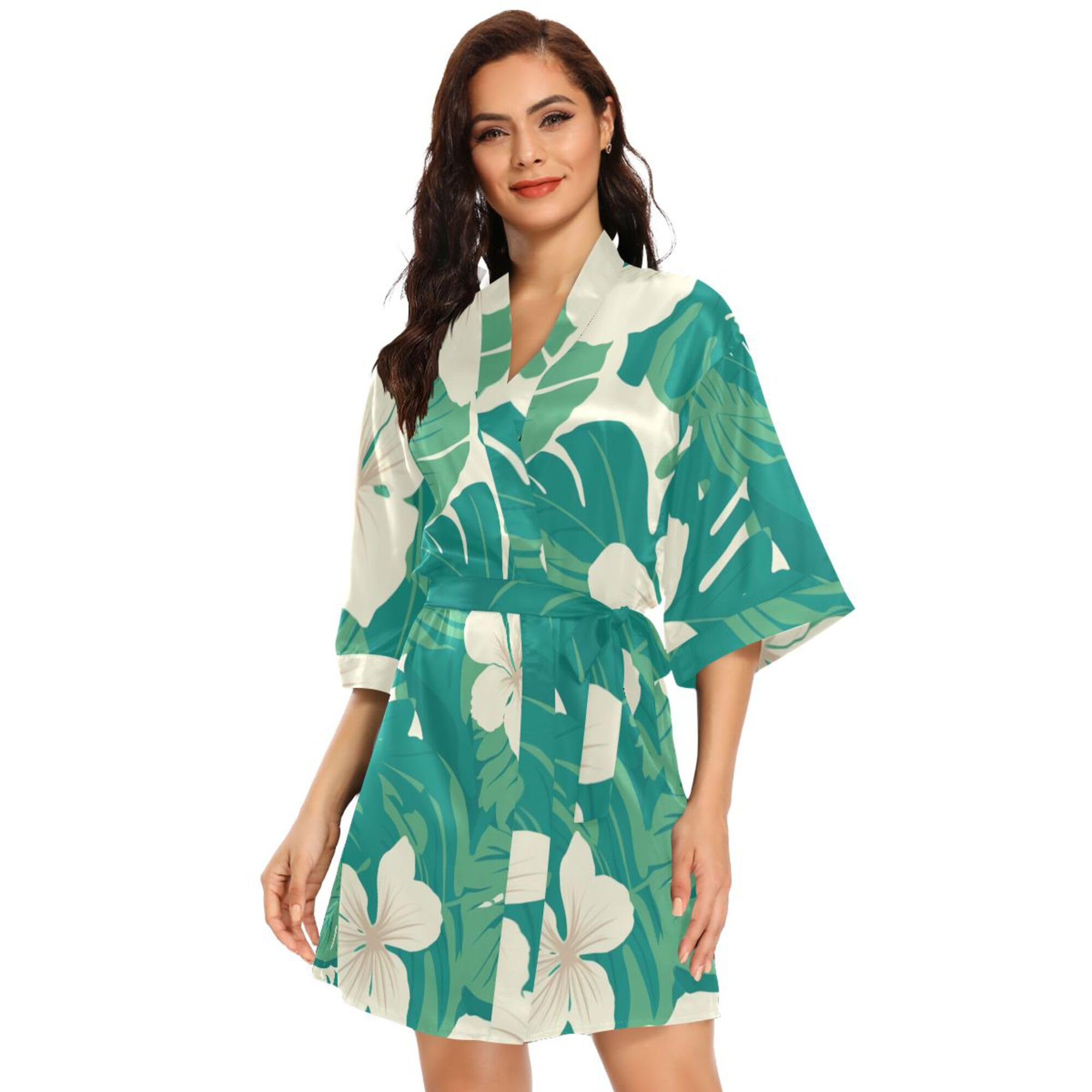 Seamless Pattern Monkey Palm Tropical Women Kimono Robes, Dressing Gown Nightwear Short Satin Robe