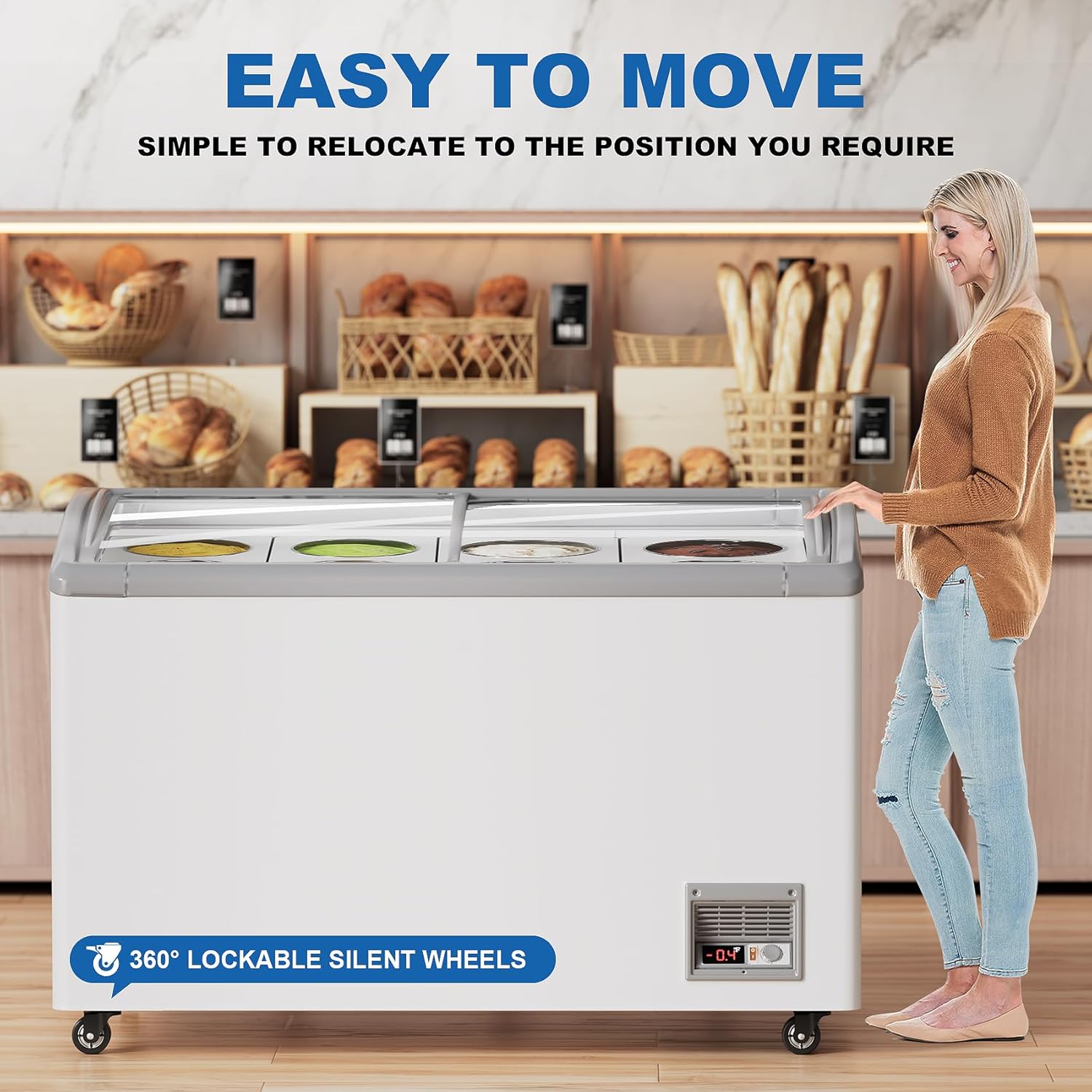 13 Cu.Ft Chest Freezer 51 in Commercial Ice Cream Display Case Restaurant Gelato Dipping Cabinet Top Deep Freezer with 8 * 3 Gallons Large Tubs